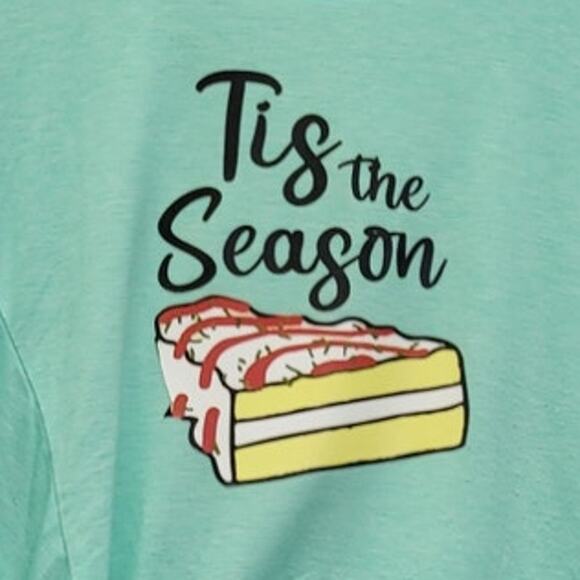 Hand Printed Upcycled Womens Large Christmas Tis The Season Tree Snack Cake Tee - Picture 2 of 4